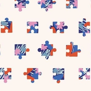 Puzzle Pieces with Abstract Design in Blue, Pink, Red and Cream