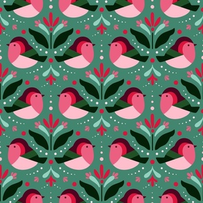 Christmas Birds and Abstract Floral Motif - Crimson Green Pink - Sage BG