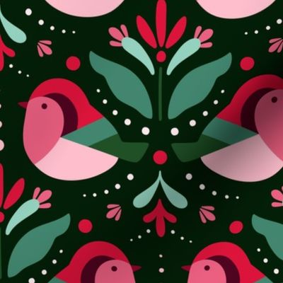 Christmas Birds and Abstract Floral Motif - Crimson Green Pink - Dark Green BG