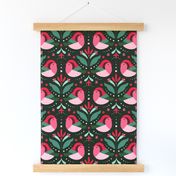 Christmas Birds and Abstract Floral Motif - Crimson Green Pink - Dark Green BG