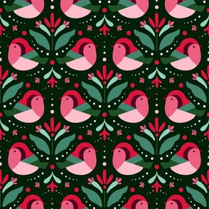 Christmas Birds and Abstract Floral Motif - Crimson Green Pink - Dark Green BG