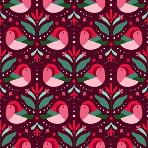 Christmas Birds and Abstract Floral Motif - Crimson Green Pink - Dark Crimson BG