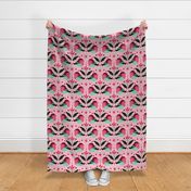 Christmas Birds and Abstract Floral Motif - Crimson Green Pink - Light Pink BG - Pink aesthetic