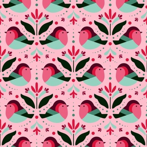 Christmas Birds and Abstract Floral Motif - Crimson Green Pink - Light Pink BG - Pink aesthetic