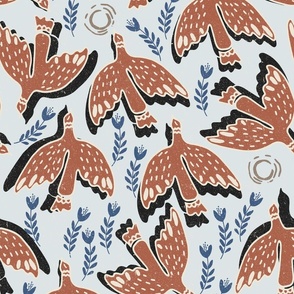 Great Migration of Folk Birds in Autumn Brown, Blue with Grungy Texture