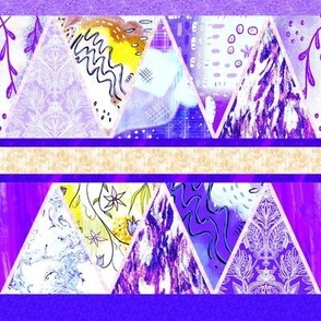 Cheater Pyramid quilt block with designs from Perfect Harmony collection and stripes horizontal violets, and yellow 