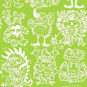 Cool hand-drawn spooky creative monsters coordinate white and green