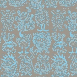 small_ Cool hand-drawn spooky creative monsters coordinate neon blue over gray