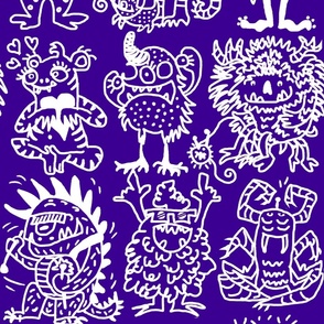 Cool hand-drawn spooky creative monsters coordinate white and purple
