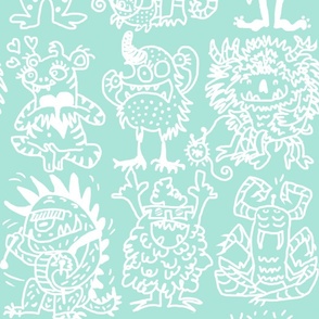 Cool hand-drawn spooky creative monsters coordinate white and neon green