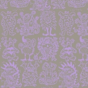 small_ Cool hand-drawn spooky creative monsters coordinate neon violet over gray