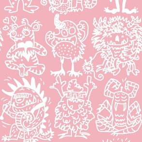 Cool hand-drawn spooky creative monsters coordinate white and neon rose