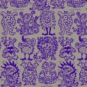 small_ Cool hand-drawn spooky creative monsters coordinate purple over gray
