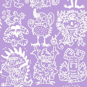 Cool hand-drawn spooky creative monsters coordinate white and neon violet