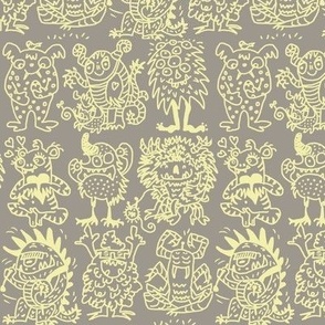 small_ Cool hand-drawn spooky creative monsters coordinate neon yellow over gray