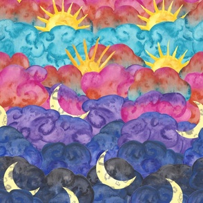 Sunset to Sunrise - Colorful Watercolor Clouds, Suns, and Moons