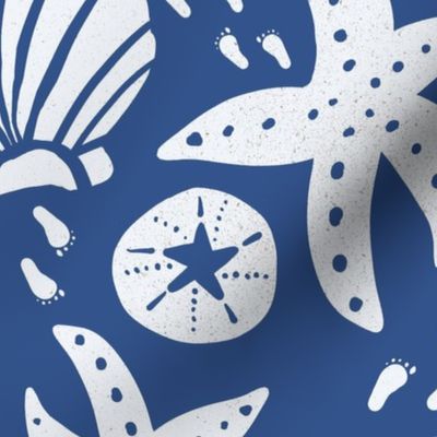 Seashell and Starfish Wallpaper - Indigo Blue and White - Jumbo