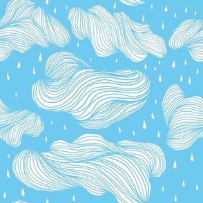 Blue and White Clouds and Rain Line Art