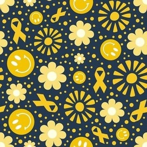 Medium Scale Yellow Ribbon Awareness and Support Retro Smile Faces Sunshine and Flowers on Navy