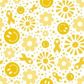 Medium Scale Yellow Ribbon Awareness and Support Retro Smile Faces Sunshine and Flowers on White