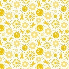 Small Scale Yellow Ribbon Awareness and Support Retro Smile Faces Sunshine and Flowers on White