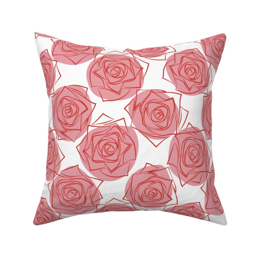 M Outline Florals - Bright Red Roses (Outline Rose) with Pastel Red Polka Dots on White - Monochrome Line Art - Mid Century Modern inspired (MOD) - Modern Vintage - Minimalist Floral - Geometric Flower - Contemporary Farmhouse