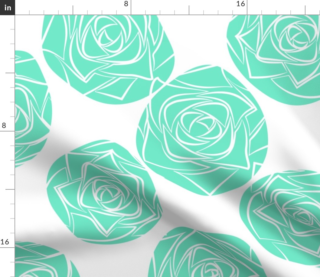 L Outline Floral - White Roses (Outline Rose) with Pastel Green Polka Dots on White - Mint Green - Line Art - Mid Century Modern inspired (MOD) - Modern Vintage - Minimalist Florals - Geometric Flower - Contemporary Farmhouse