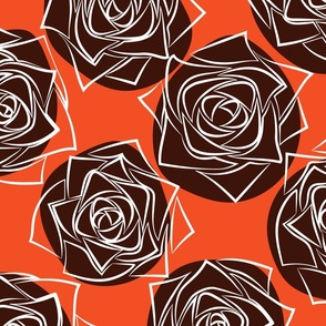 L Outline Flower - White Roses (Outline Rose) with Black Polka Dots on Burnt Orange - Colorful Polka Dots - Black and White Line Art - Mid Century Modern inspired (MOD) - Modern Vintage - Minimal Floral - Geometric Florals