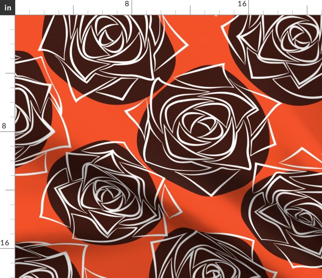 L Outline Flower - White Roses (Outline Rose) with Black Polka Dots on Burnt Orange - Colorful Polka Dots - Black and White Line Art - Mid Century Modern inspired (MOD) - Modern Vintage - Minimal Floral - Geometric Florals