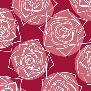 L Outline Flower - White Roses (Outline Rose) with Pastel Pink Polka Dots on Red (Dark Magenta) - Colorful Polka Dots - Monochrome Line Art - Mid Century Modern inspired (MOD) - Modern Vintage - Minimal Floral - Geometric Florals