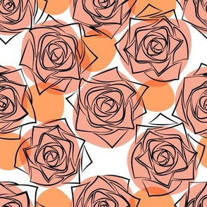 M Outline Florals - Black Roses (Outline Rose) with Orange Polka Dots on White - Monochrome Line Art - Mid Century Modern inspired (MOD) - Modern Vintage - Minimalist Flowers - Geometric Floral - Contemporary Farmhouse