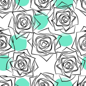 M Outline Floral - Black Roses (Outline Rose) with Pastel Green Polka Dots on White - Mint Green - Black and White Line Art - Mid Century Modern inspired (MOD) - Modern Vintage - Minimal Flower - Geometric Florals - Contemporary Farmhouse