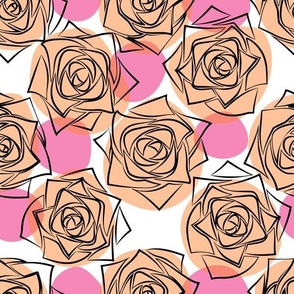 M Outline Floral - Black Roses (Outline Rose) with Candy Colorful Polka Dots on White - Bright Orange Hot Pink (Barbie Pink) - Line Art - Mid Century Modern inspired (MOD) - Modern Vintage - Minimal Flower - Geometric Florals - Contemporary Farmhouse