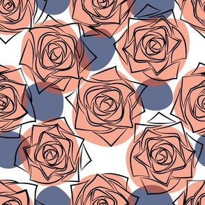 M Outline Flowers - Black Roses (Outline Rose) with Vintage Colorful Polka Dots on White - Pastel Orange Dark Grey - Line Art - Mid Century Modern inspired (MOD) - Modern Vintage - Minimalist Floral - Geometric Florals
