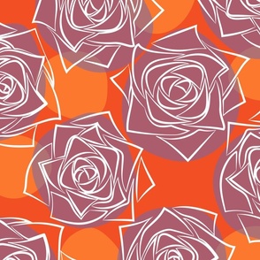 L Outline Flowers - White Roses (Outline Rose) with Vintage Colorful Polka Dots - Soft Orange Burnt Orange Red Plum (Red Purple) - Line Art - Mid Century Modern inspired (MOD) - Modern Vintage - Minimalist Floral - Geometric Florals