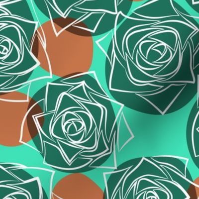 M Outline Flower - Black and White Roses (Outline Rose) with Vintage Colorful Polka Dots - Burnt Orange Pastel Green (Mint Green) - Line Art - Mid Century Modern inspired (MOD) - Modern Vintage - Minimal Floral - Geometric Florals