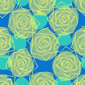 M Outline Flower - Bright Yellow Roses (Outline Rose) with Vintage Colorful Dots (Colorful Polka Dots) - Neon Yellow (Lemon Yellow) Cobalt Blue (Bright Blue) Mint Green (Pastel Green) - Monochrome Line Art - Mid Century Modern inspired (MOD) - Modern Vint