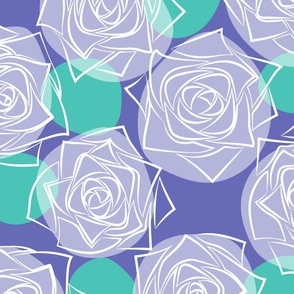 L Outline Florals - White Roses (Outline Rose) with Candy Colorful Dots (Colorful Polka Dots) - Mint Green (Pastel Green) Deep Cobalt Purple - Monochrome Line Art - Mid Century Modern inspired (MOD) - Modern Vintage - Minimalist Floral - Geometric Flower