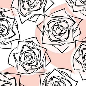 L Outline Floral - Black Roses (Outline Rose) with Coral Red Dots (Pink Polka Dots) on White - Pastel Orange - Black and White Line Art - Mid Century Modern inspired (MOD) - Modern Vintage - Minimal Florals - Geometric Flower