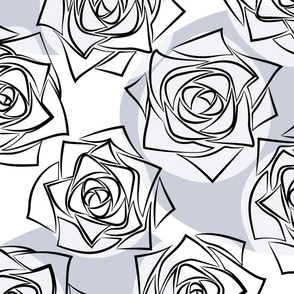 L Outline Flowers - Black Roses (Outline Rose) with Light Gray Dots (Grey Polka Dots) on White - Ultimate Gray - Black and White Line Art - Mid Century Modern inspired (MOD) - Modern Vintage - Minimalist Floral - Geometric Florals