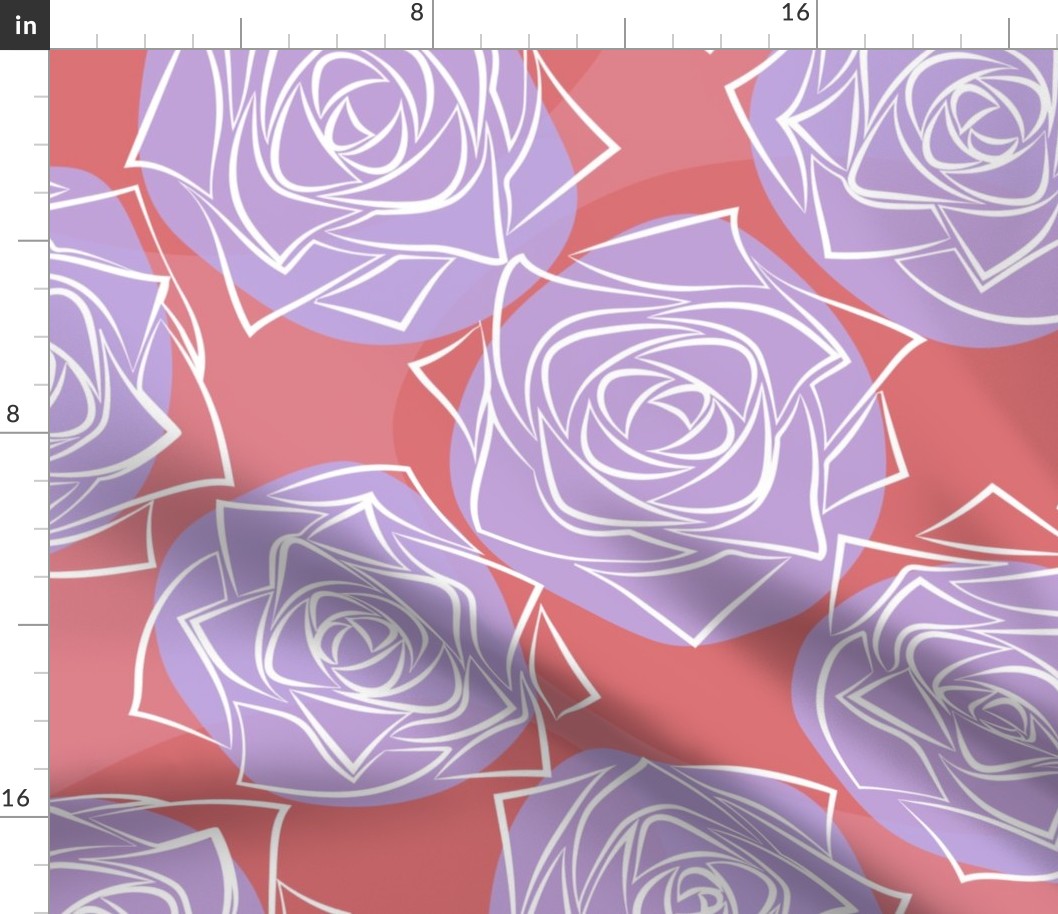L Outline Flowers - White Roses (Outline Rose) with Pastel Purple Dots (Colorful Polka Dots) on Soft Pink (Pastel Pink) - Monochrome Line Art - Mid Century Modern inspired (MOD) - Modern Vintage - Minimalist Floral - Geometric Florals