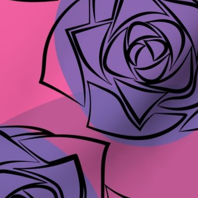 L Outline Flower - Black Roses (Outline Rose) with Dark Purple Dots (Colorful Polka Dots) on Neon Pink (Bright Pink) - Deep Cobalt Purple - Line Art - Mid Century Modern inspired (MOD) - Modern Vintage - Minimal Flowers - Geometric Florals