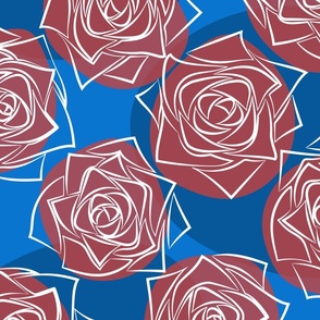 L Outline Flower - White Roses (Outline Rose) with Vintage Colorful Dots (Colorful Polka Dots) - Dark Pink Cobalt Blue (Bright Blue) Classic Blue  - Line Art - Mid Century Modern inspired (MOD) - Modern Vintage - Minimal Flowers - Geometric Florals