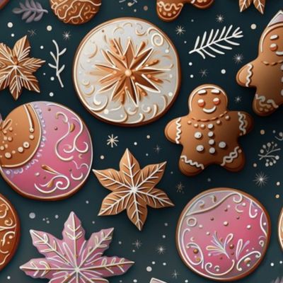 Christmas Gingerbread Men Holiday Cookies Pastel Pink Teal Brown Treats Desserts Dark Background