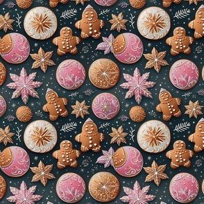Christmas Gingerbread Men Holiday Cookies Pastel Pink Teal Brown Treats Desserts Dark Background