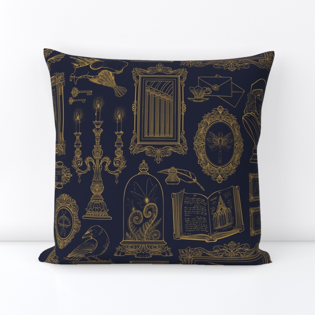 Dark Academia Gallery Wall in Navy and Gold - Lineart Only - Large Scale