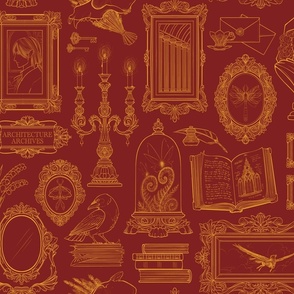 Dark Academia Gallery Wall in Red and Gold - Lineart Only - Large Scale