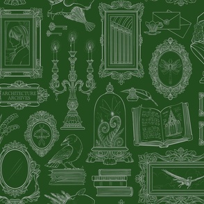 Dark Academia Gallery Wall in Green and Silver - Lineart Only - Large Scale