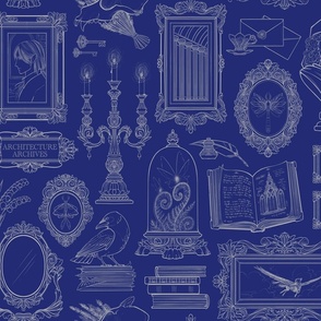 Dark Academia Gallery Wall in Blue and Silver - Lineart Only - Large Scale