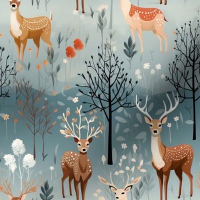 Deer Stag Fawn in Forest Brown & Blue Trees Woodland Buck Winter Wonderland Forest Holiday Christmas